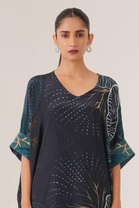 Buy_Label Shristi Chetani_Blue Crepe Beads V-neck Abstract Print High Low Top With Pant_Online_at_Aza_Fashions