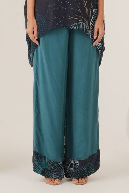 Shop_Label Shristi Chetani_Blue Crepe Beads V-neck Abstract Print High Low Top With Pant_Online_at_Aza_Fashions