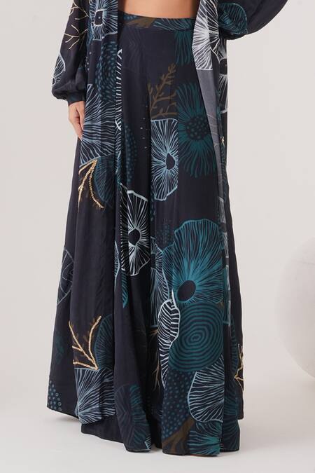 Label Shristi Chetani_Blue Crepe Cut Work, Embroidery Abstract Print Cape And Kalidar Pant Set_Online_at_Aza_Fashions
