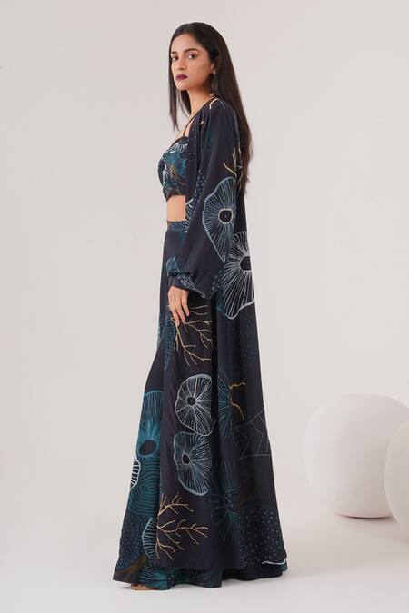 Buy_Label Shristi Chetani_Blue Crepe Cut Work, Embroidery Abstract Print Cape And Kalidar Pant Set_Online_at_Aza_Fashions