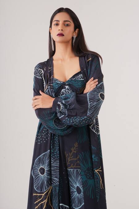 Shop_Label Shristi Chetani_Blue Crepe Cut Work, Embroidery Abstract Print Cape And Kalidar Pant Set_Online_at_Aza_Fashions