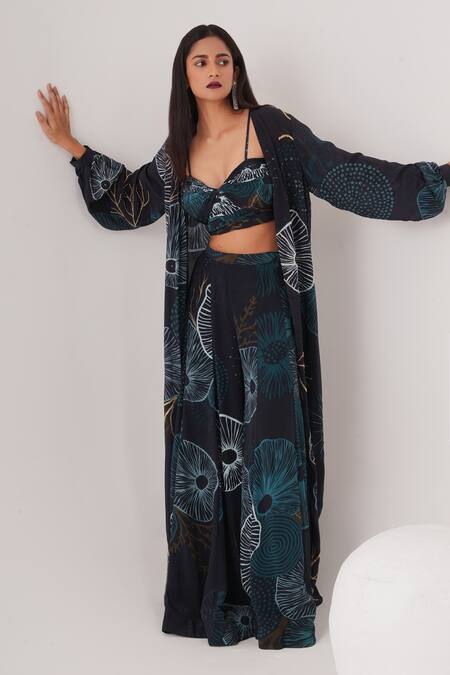 Label Shristi Chetani_Blue Crepe Cut Work, Embroidery Abstract Print Cape And Kalidar Pant Set_at_Aza_Fashions