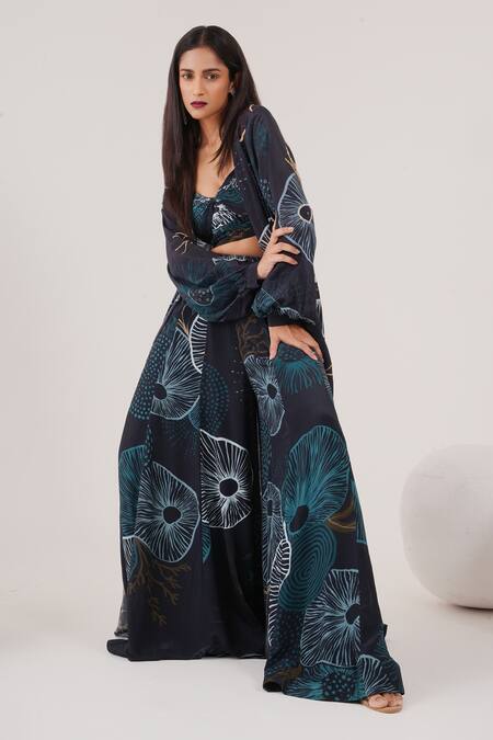 Buy_Label Shristi Chetani_Blue Crepe Cut Work, Embroidery Abstract Print Cape And Kalidar Pant Set