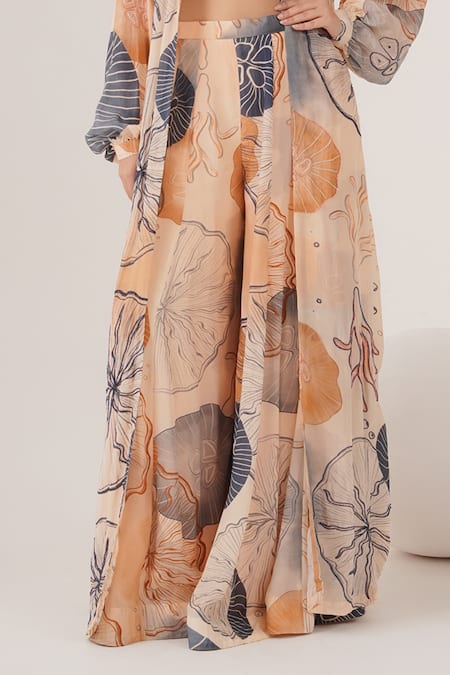 Label Shristi Chetani_Peach Crepe Cut Work Round Neck Abstract Print Cape And Pant Set_Online_at_Aza_Fashions