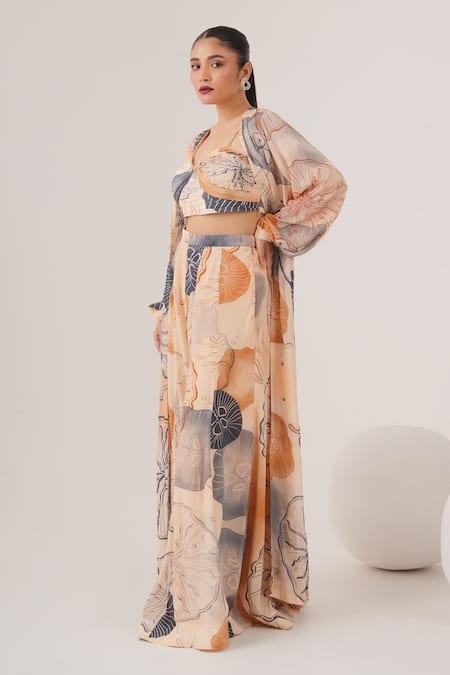 Buy_Label Shristi Chetani_Peach Crepe Cut Work Round Neck Abstract Print Cape And Pant Set_Online_at_Aza_Fashions