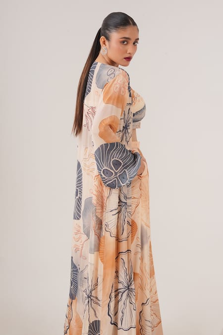 Shop_Label Shristi Chetani_Peach Crepe Cut Work Round Neck Abstract Print Cape And Pant Set_Online_at_Aza_Fashions