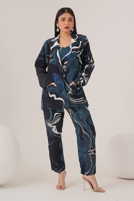 LABEL SHRISTI CHETANI Abstract Swirl Print Blazer Pant Set 