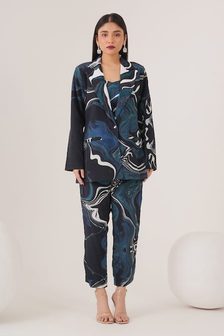 Label Shristi Chetani_Blue Crepe Cut Work Collared Abstract Swirl Print Blazer Pant Set_Online_at_Aza_Fashions