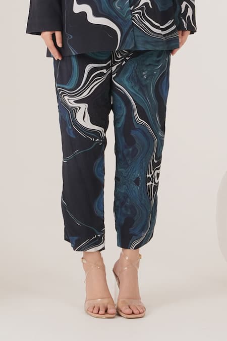 Buy_Label Shristi Chetani_Blue Crepe Cut Work Collared Abstract Swirl Print Blazer Pant Set_Online_at_Aza_Fashions