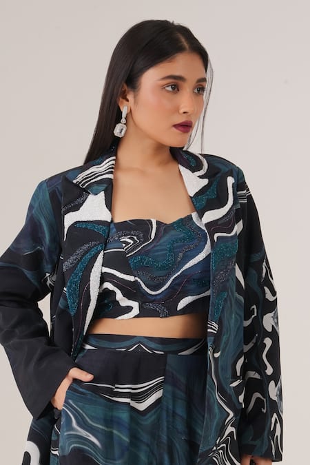 Shop_Label Shristi Chetani_Blue Crepe Cut Work Collared Abstract Swirl Print Blazer Pant Set_Online_at_Aza_Fashions