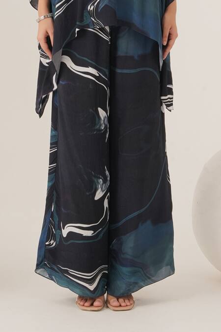Label Shristi Chetani_Blue Crepe Collared Abstract Swirl Print Top With Pant_Online_at_Aza_Fashions