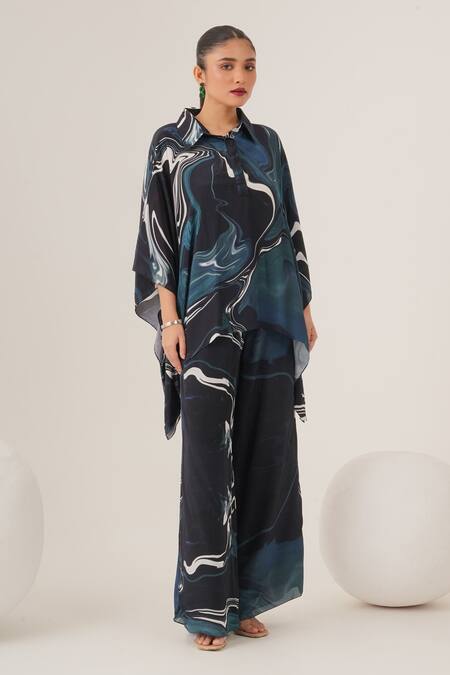 Buy_Label Shristi Chetani_Blue Crepe Collared Abstract Swirl Print Top With Pant_Online_at_Aza_Fashions