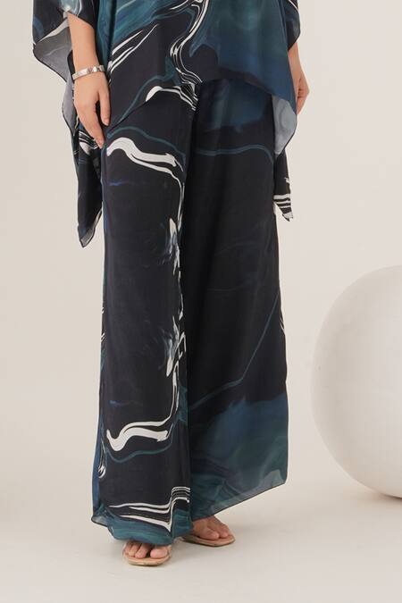 Shop_Label Shristi Chetani_Blue Crepe Collared Abstract Swirl Print Top With Pant_Online_at_Aza_Fashions