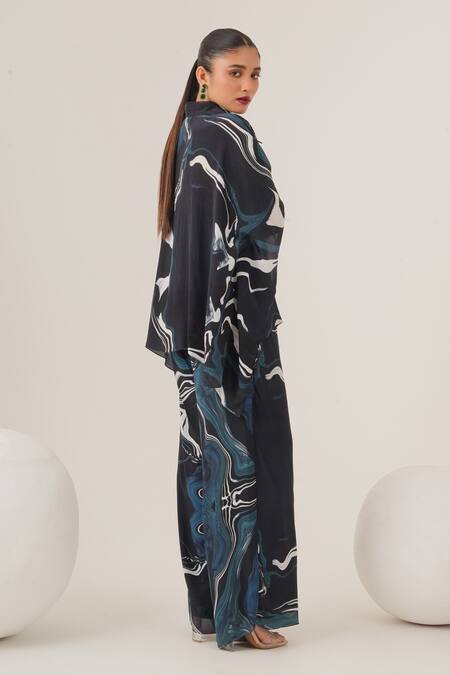 Label Shristi Chetani_Blue Crepe Collared Abstract Swirl Print Top With Pant_at_Aza_Fashions