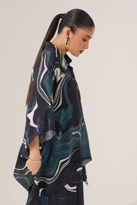 Buy_Label Shristi Chetani_Blue Crepe Collared Abstract Swirl Print Top With Pant