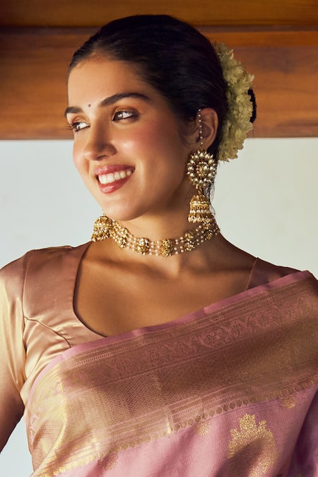 Buy_MAISARA JEWELRY_Gold Plated Yasmin Jadau And Pearl Embellished Choker_Online_at_Aza_Fashions