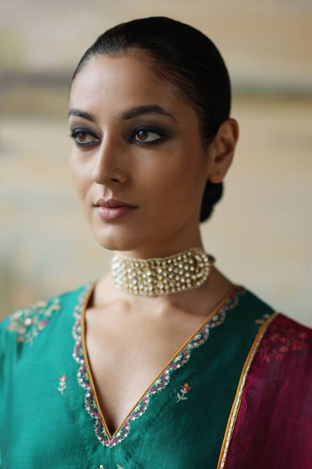 MAISARA JEWELRY_Gold Plated Mayura Jaal Jadau And Pearl Embellished Choker_Online_at_Aza_Fashions
