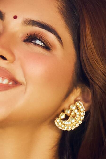 MAISARA JEWELRY_Gold Plated Diamonds, Pearls Kundan Peacock Earrings_Online_at_Aza_Fashions