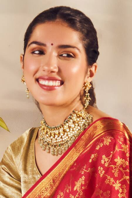 MAISARA JEWELRY_Gold Plated Pearls, Stones Mohini And Natural Embellished Necklace Set_Online_at_Aza_Fashions