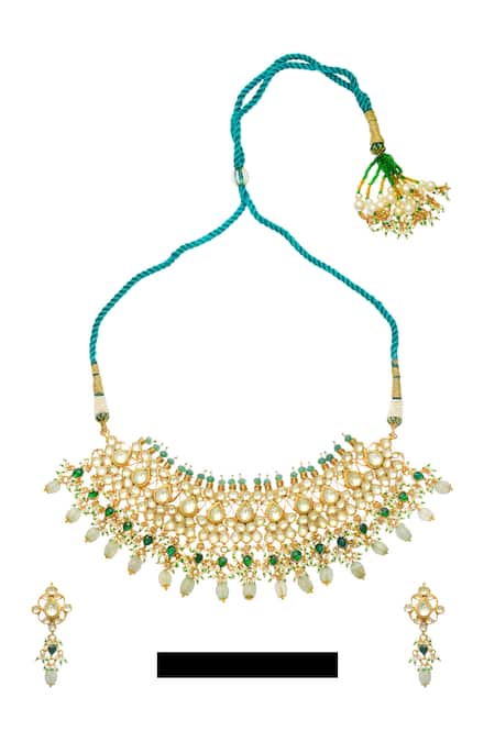 Shop_MAISARA JEWELRY_Gold Plated Pearls, Stones Mohini And Natural Embellished Necklace Set_Online_at_Aza_Fashions