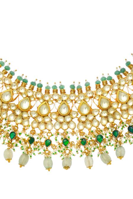 MAISARA JEWELRY_Gold Plated Pearls, Stones Mohini And Natural Embellished Necklace Set_at_Aza_Fashions