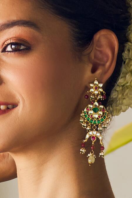 MAISARA JEWELRY_Green Pearls, Cut Work Ishya Kundan Floral Embellished Earrings _Online_at_Aza_Fashions