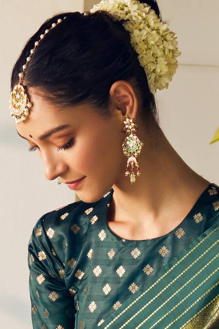 Buy_MAISARA JEWELRY_Green Pearls, Cut Work Ishya Kundan Floral Embellished Earrings _Online_at_Aza_Fashions