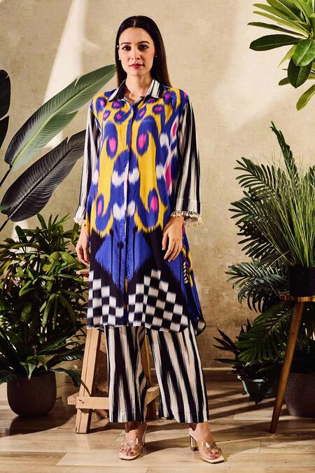 Buy Rainas Multi Color Cotton, Silk Sequins Collared Abstract Print Long Shirt With Pant Buy_Rainas_Multi Color Cotton, Silk Sequins Collared Abstract Print Long Shirt With Pant