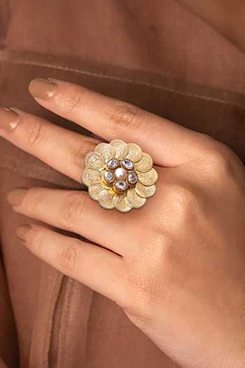 Shop Suhani Pittie Gold Plated Crystals, Chains Floral Carved Ring at Aza Fashions Shop_Suhani Pittie_Gold Plated Crystals, Chains Floral Carved Ring _at_Aza_Fashions