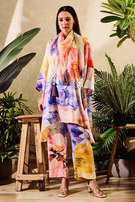 Buy_Rainas_Multi Color Cotton, Chiffon, Satin Watercolour Print Asymmetric Tunic Pant Set