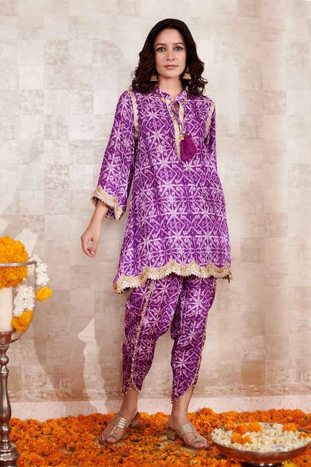 Shop Rainas Purple Cotton, Silk Lace Round Neck Embroidered Geometric Print Kurta And Pant Set Online at Aza Fashions Shop_Rainas_Purple Cotton, Silk Lace Round Neck Embroidered Geometric Print Kurta And Pant Set_Online_at_Aza_Fashions