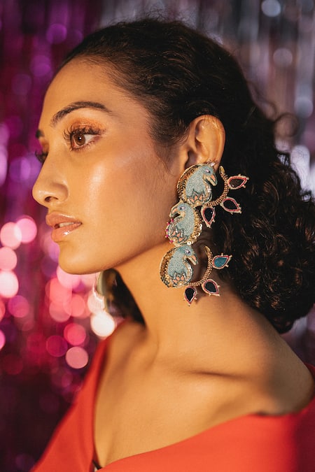 KrutiArts Green Sequin Aampanna Embroidered Peacock Earrings 