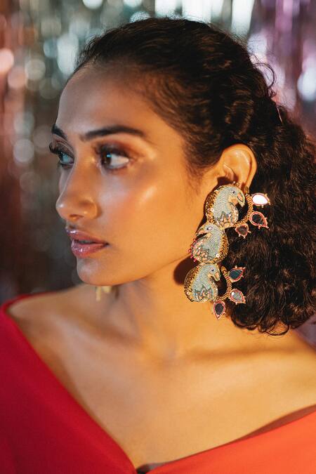 Krutiarts_Green Mirrors, Sequins, Beads Aampanna Embroidered Peacock Earrings _Online_at_Aza_Fashions