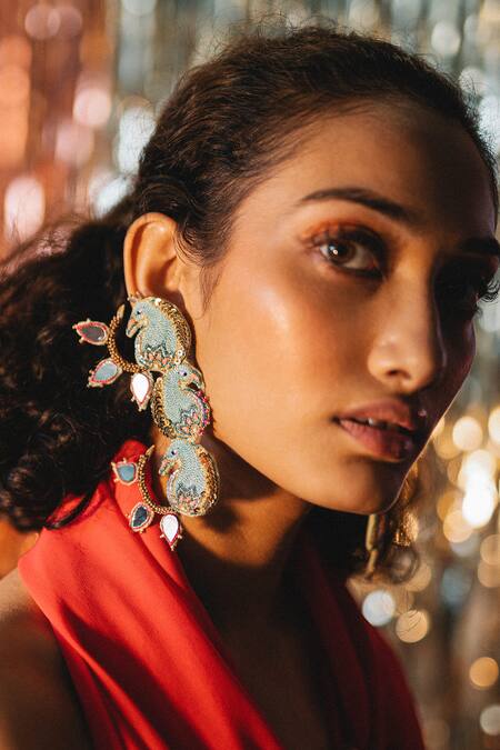 Buy_Krutiarts_Green Mirrors, Sequins, Beads Aampanna Embroidered Peacock Earrings _Online_at_Aza_Fashions