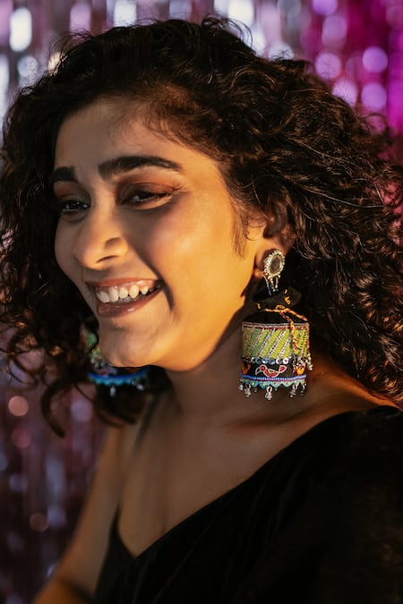 KrutiArts Kaala Khatta Thread Embroidered Potli Jhumkas 