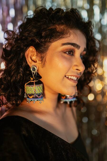 Krutiarts_Black Kaala Khatta Thread Embroidered Potli Jhumkas _Online_at_Aza_Fashions