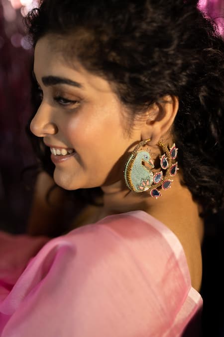 Krutiarts_Green Beads, Sequins, Mirrors, Embroidery Aamras Peacock Thread Hoops _Online_at_Aza_Fashions