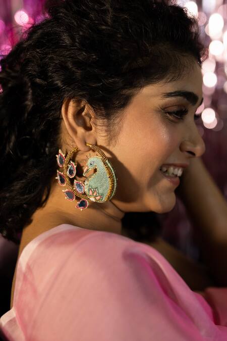 Buy_Krutiarts_Green Beads, Sequins, Mirrors, Embroidery Aamras Peacock Thread Hoops _Online_at_Aza_Fashions