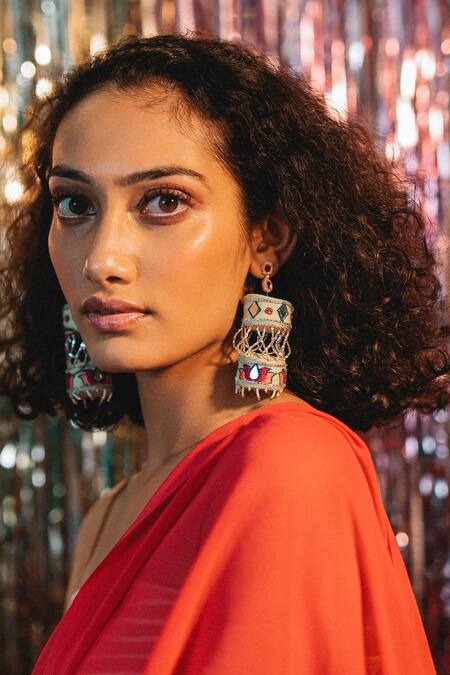 Krutiarts_Green Mirrors, Sequins, Embroidery Banta Soda Layered Jhumkas _Online_at_Aza_Fashions