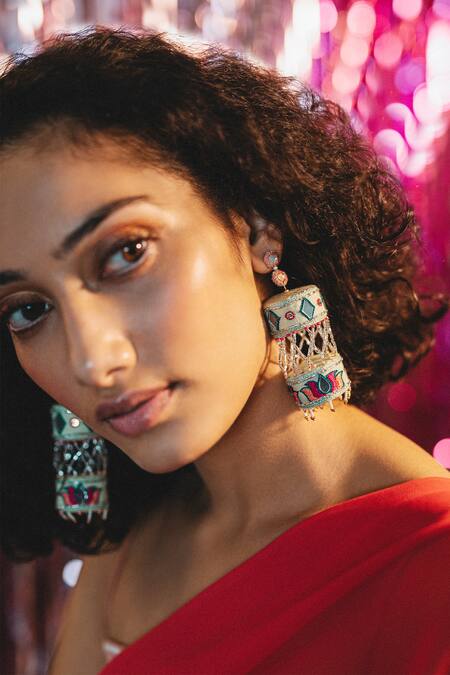 Buy_Krutiarts_Green Mirrors, Sequins, Embroidery Banta Soda Layered Jhumkas _Online_at_Aza_Fashions