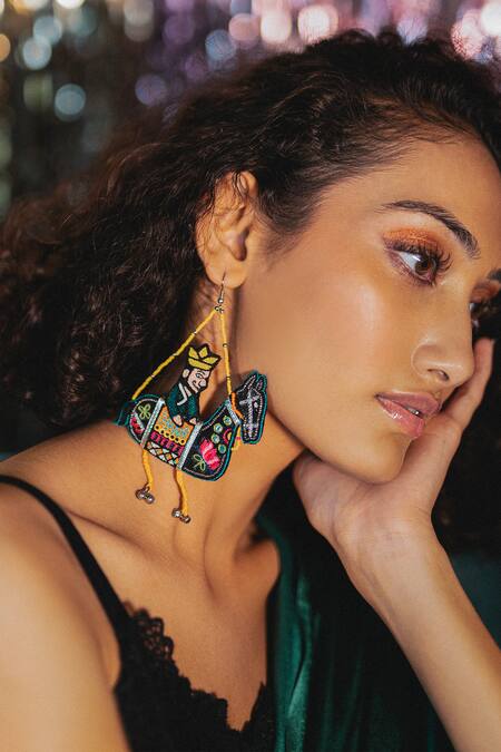 Krutiarts_Black Lace, Sequins, Embroidery Kokum Puppet Horse Earrings _Online_at_Aza_Fashions