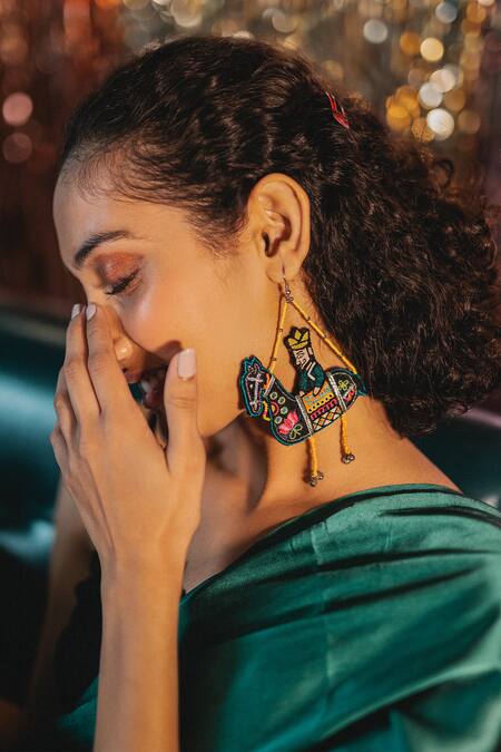 Buy_Krutiarts_Black Lace, Sequins, Embroidery Kokum Puppet Horse Earrings _Online_at_Aza_Fashions