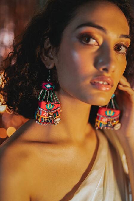 Krutiarts_Pink Rooh Afza Embroidered Layered Potli Jhumkas _Online_at_Aza_Fashions