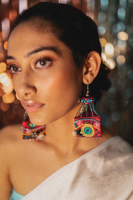 Buy_Krutiarts_Pink Rooh Afza Embroidered Layered Potli Jhumkas _Online_at_Aza_Fashions