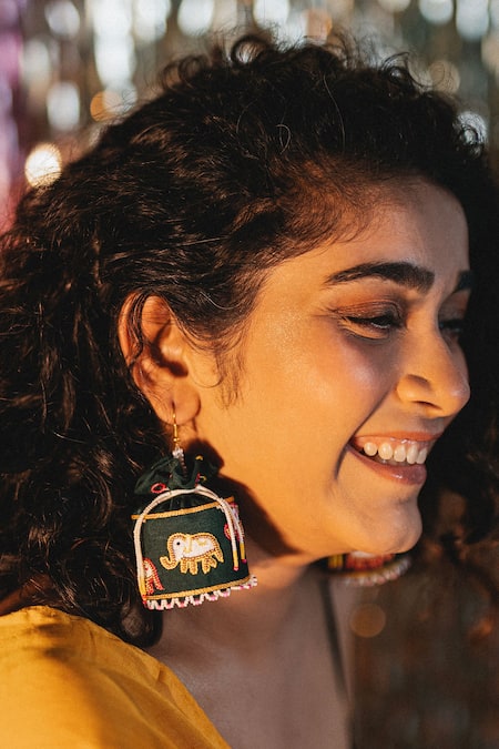Krutiarts_Black Jaljeera Elephant Embroidered Potli Jhumkas _Online_at_Aza_Fashions