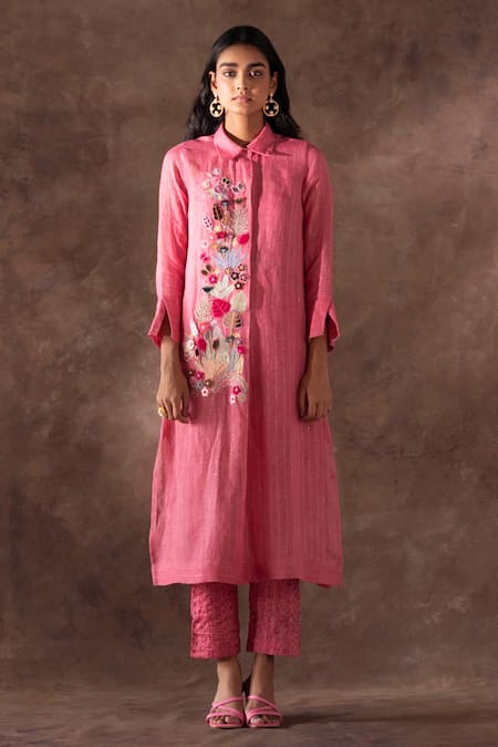 Oja Pink Shrim Linen Embroidery Floral Collared Neck Blossom Tunic With Pant 