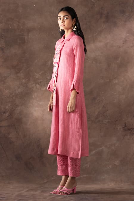 Buy_Oja_Pink Linen Sequins, Embroidery Collared Floral Blossom Tunic With Pant _Online_at_Aza_Fashions