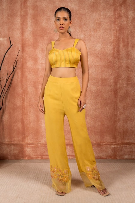 Shreeka_Yellow Georgette, Silk Organza Sequins, Floral Embroidered Kaftan Pant Set _Online_at_Aza_Fashions