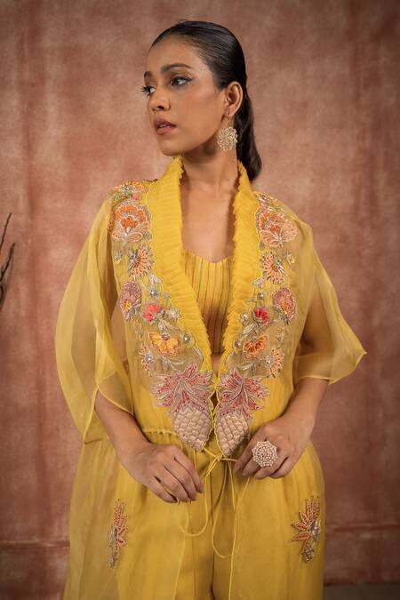 Shop_Shreeka_Yellow Georgette, Silk Organza Sequins, Floral Embroidered Kaftan Pant Set _Online_at_Aza_Fashions