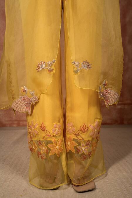 Shreeka_Yellow Georgette, Silk Organza Sequins, Floral Embroidered Kaftan Pant Set _at_Aza_Fashions